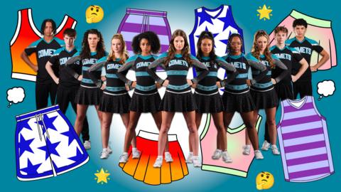 Image of cheerleaders posing on a blue background surrounded by emojis and colourful cheerleading outfit illustrations.