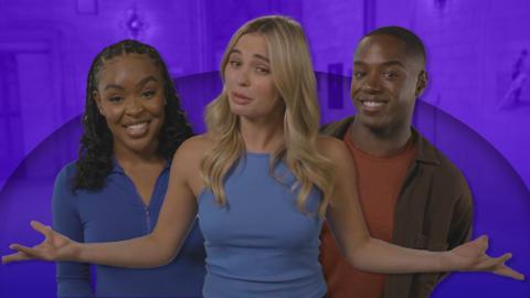 Michelle, Pete and Kenzie are all standing in front of a purple background