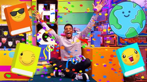 CBBC Book Club with Rhys looking excited and emojis confetti and books surrounding him.