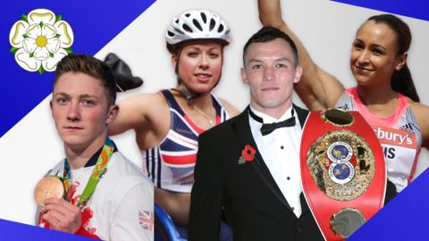Image shows Yorkshire athletes Josh Warrington, Jessica Ennis-Hall, Hannah Cockroft and Nile Wilson.