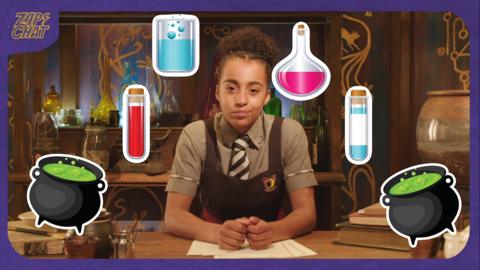 A young witch (Indie) in a Cackle's Academy uniform, looks stressed, surrounded by potions and cauldrons.