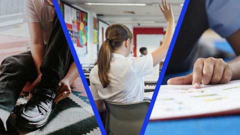 Images from a new term at school: Putting on school uniform and listening in class.