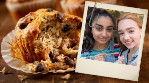 A banana chocolate muffin with a photo of two girls hugging (Amy and Holly).