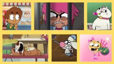 Illustrations of Boy Girl Dog Cat Mouse Cheese in a comic style layout