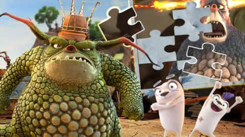 A jigsaw of green monsters and white creatures.