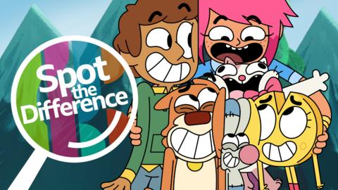 Boy Girl Dog Cat Mouse Cheese hugging with the Spot the Difference logo on top