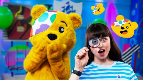 Abby and Pudsey bear in the Blue Peter studio.