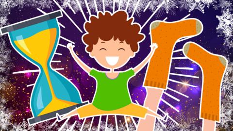 Cartoon boy next to an hourglass a pair of legs with orange socks.