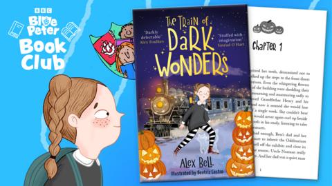 A Blue Peter Book Club Book, The Train of Dark Wonders. A young cartoon girl and a train surrounded by Halloween pumpkins.