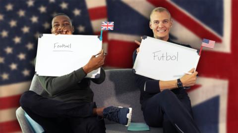 Zharnel Hughes and Sam Kendricks holding whiteboards that say football.