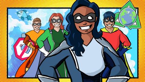 Comic book style Blue Peter Climate Heroes