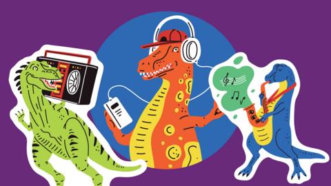 Eight stickers with cool dinosaurs on. One is skateboarding, one playing electric guitar.