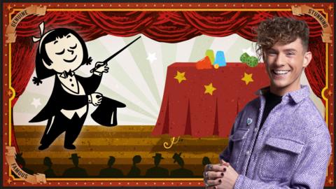 Joel poses in front of a cartoon magician performing a card trick with a magic wand.