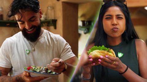 Shini and Gaz Oakley eat some food that looks delicious.