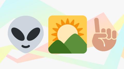 Emoji: alien, sun over hills, finger pointing up
