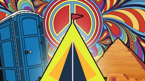 A porta-loo, tent and the pyramids in front of a peace sign.