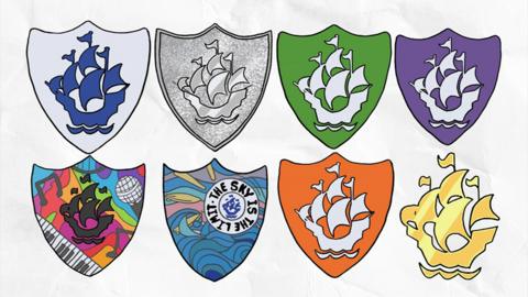 The eight Blue Peter badges.
