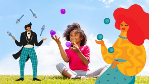 Girl juggling with illustrated jugglers at. either side