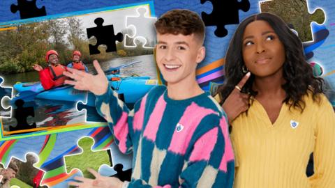 Adam and Mwaksy from Blue Peter with head to head challenge jigsaws behind them.