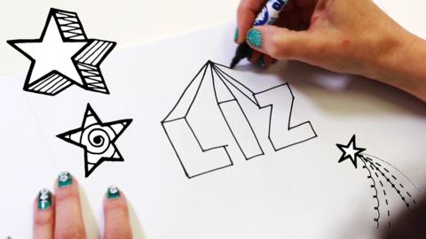 Liz Pichon and a close up of her hand drawing 3D letters