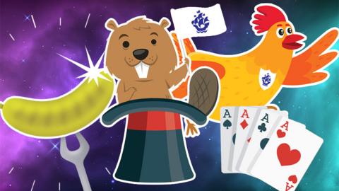 A golden sausage, a flying chicken and a beaver sticking out of a hat waving a Blue Peter flag.