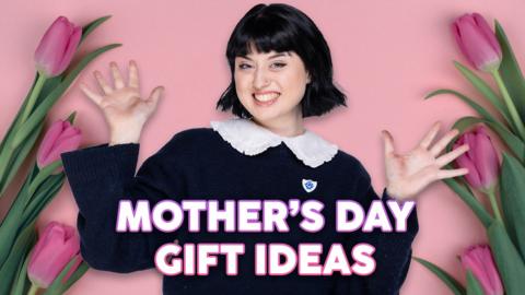 Abby from Blue Peter is smiling with her hands up in the air. Behind here are three tulips on the left and three on the right. Text reads: Mother's Day gift ideas.