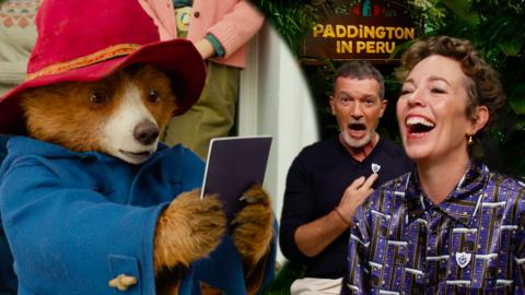 Paddinton Bear, Antonio Banderas and Olivia Coleman, Paddington is taken from a still of the film where he is looking at his passport, Olivia and Antonio are both reacting to earning a Blue Peter badge.