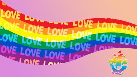 A rainbow image floats across a colourful background, text inside the rainbow reads "Love" repeatedly, a small rainbow coloured Blue Peter ship logo is in the corner.