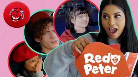 Blue Peter's Shini with a secret envelope, Joel and Abby look shocked.