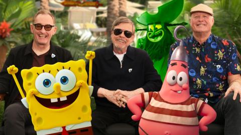 The cast of The SpongeBob Movie: Search for Squarepants, on a tropical background.