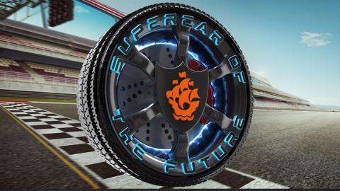 A tyre with a Blue Peter ship on a race track.