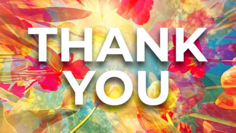 The words Thank you, on a flowery background.