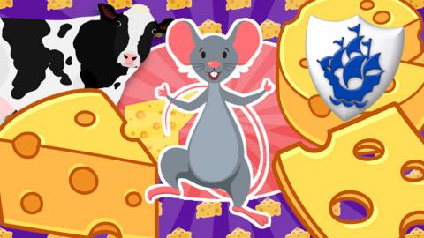 Lots of cheese, a mouse and a cow.