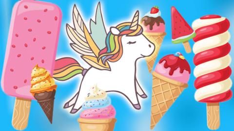 A cartoon unicorn looking happy, surrounded by cartoon ice creams.