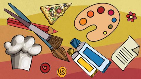 Colourful background with craft materials on it, paint brushes, pencils, chefs hat and paints.