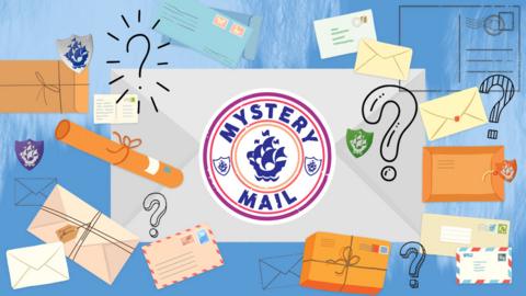 Large envelope with 'Mystery Mail' stamp in the middle. Loads of postcards, letters and parcels swirling around it.