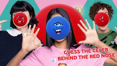The Blue Peter presenters have their faces hidden behind a Comic Relief Red Nose.