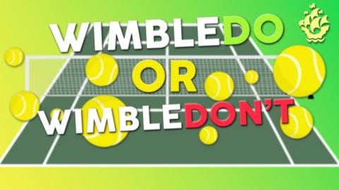 Tennis balls bouncing across a tennis pitch, text reads "Wimbledo or Wimbledon't".