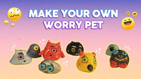 Make your own worry pet: small clay characters with faces on a gradient purple to yellow background