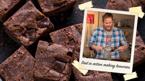 A picture of chocolate brownies cut into squares, with a Polaroid of a man (Holly's dad) cutting into brownies.