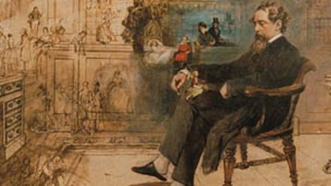 A painting of Charles Dickens surrounded by his characters.