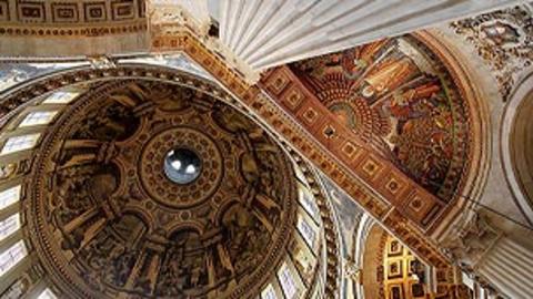 The intricatley patterned ceiling of the dome in St Paul's Cathedral.