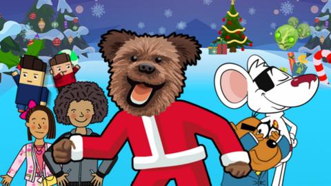 Illustrated version of Hacker, Dumping Ground characters, Lagging characters and Danger mouse and Penfold all on a christmas background.