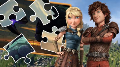 Astrid and Hiccup stood in front of a jigsaw.