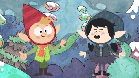 Two cartoon elves (Edna and Emmett) play in the snow.