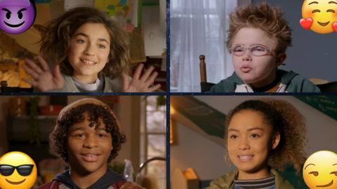 Johnny, Julia, Finn and Tabby surrounded by emojis.