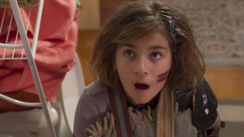 Tabby looking up at the ceiling in horror.