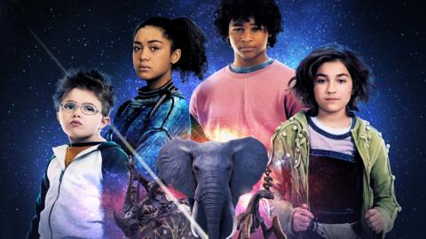 Finn, Julia, Johnny, Tabby and Tuko the elephant.