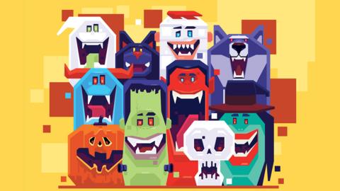 Lots of animated Halloween monsters and creatures laughing.