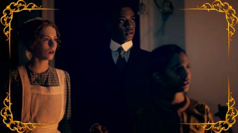 Three young victorians look shocked. Characters from CBBC series Hetty Feather.